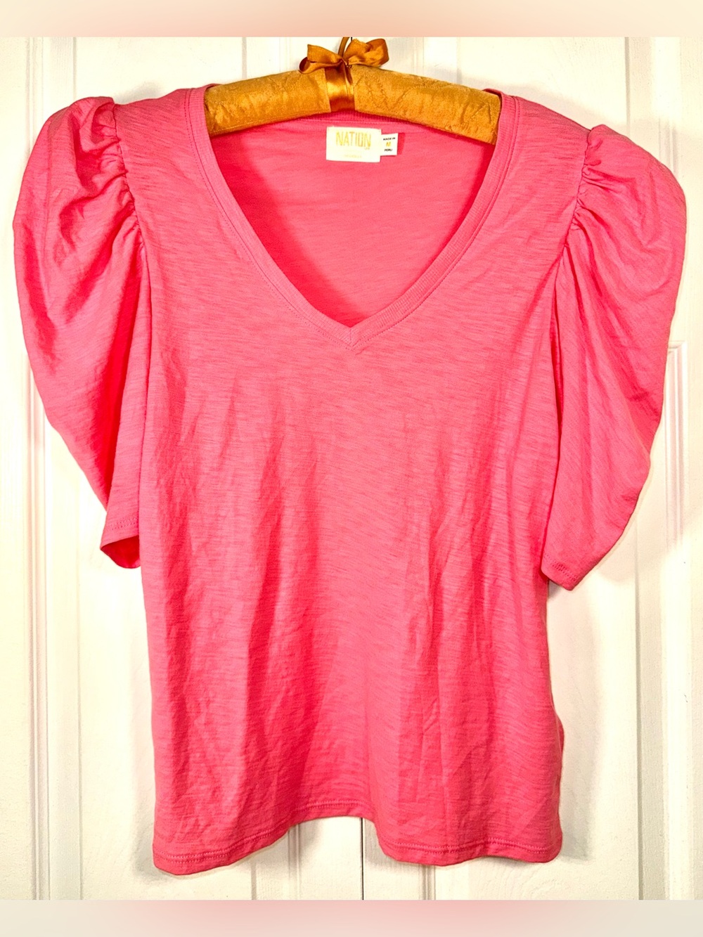 Nation LTD Caitlyn Puff Sleeve V-Neck Pima Cotton Top Pink M worn once